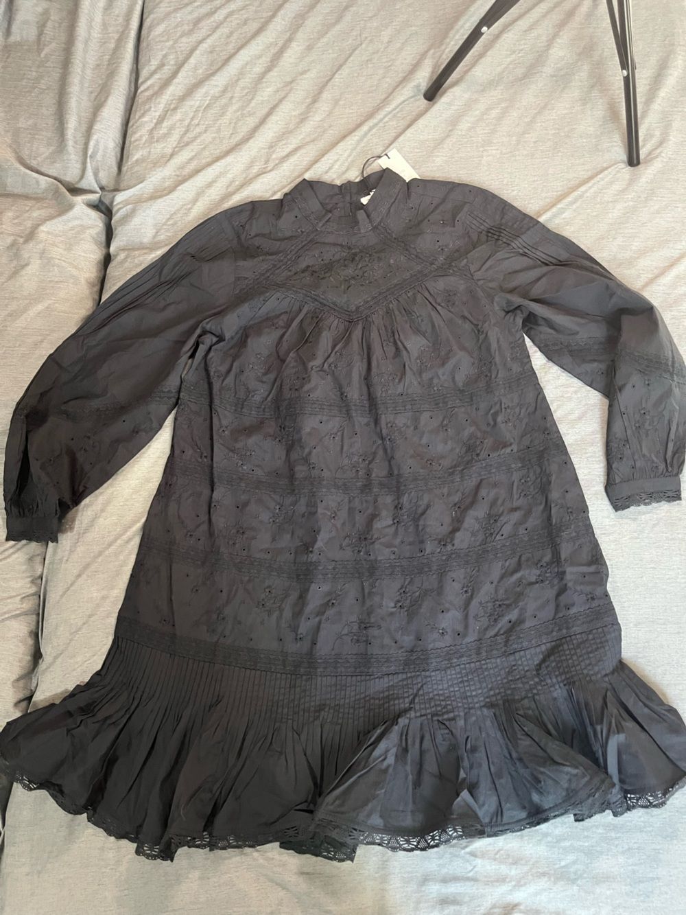 Unsubscribed Women's Cotton Black Eyelet Long Sleeve Ruffle Hem Dress $328 XS